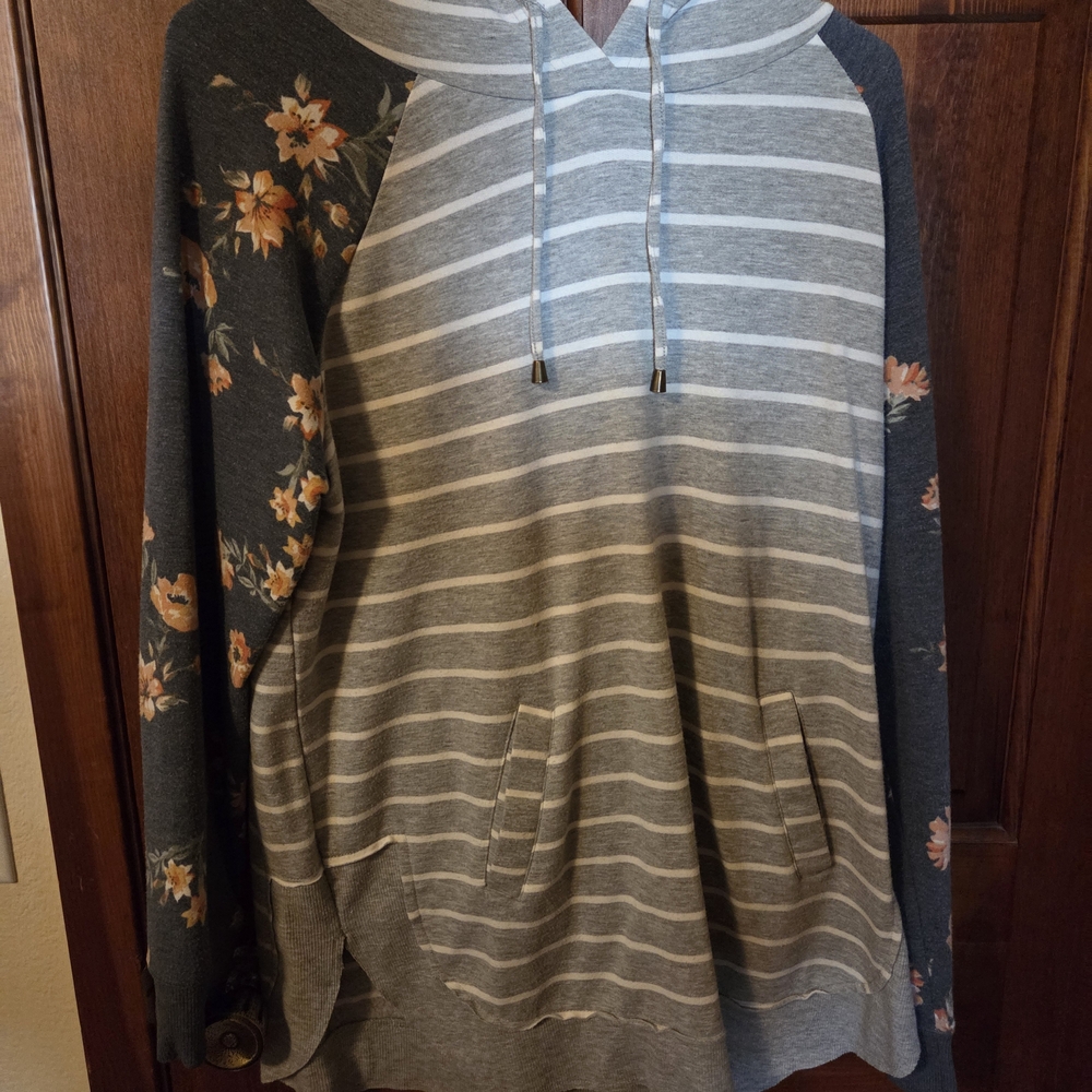 Maurices Striped Gray Hoodie with Floral Sleeves